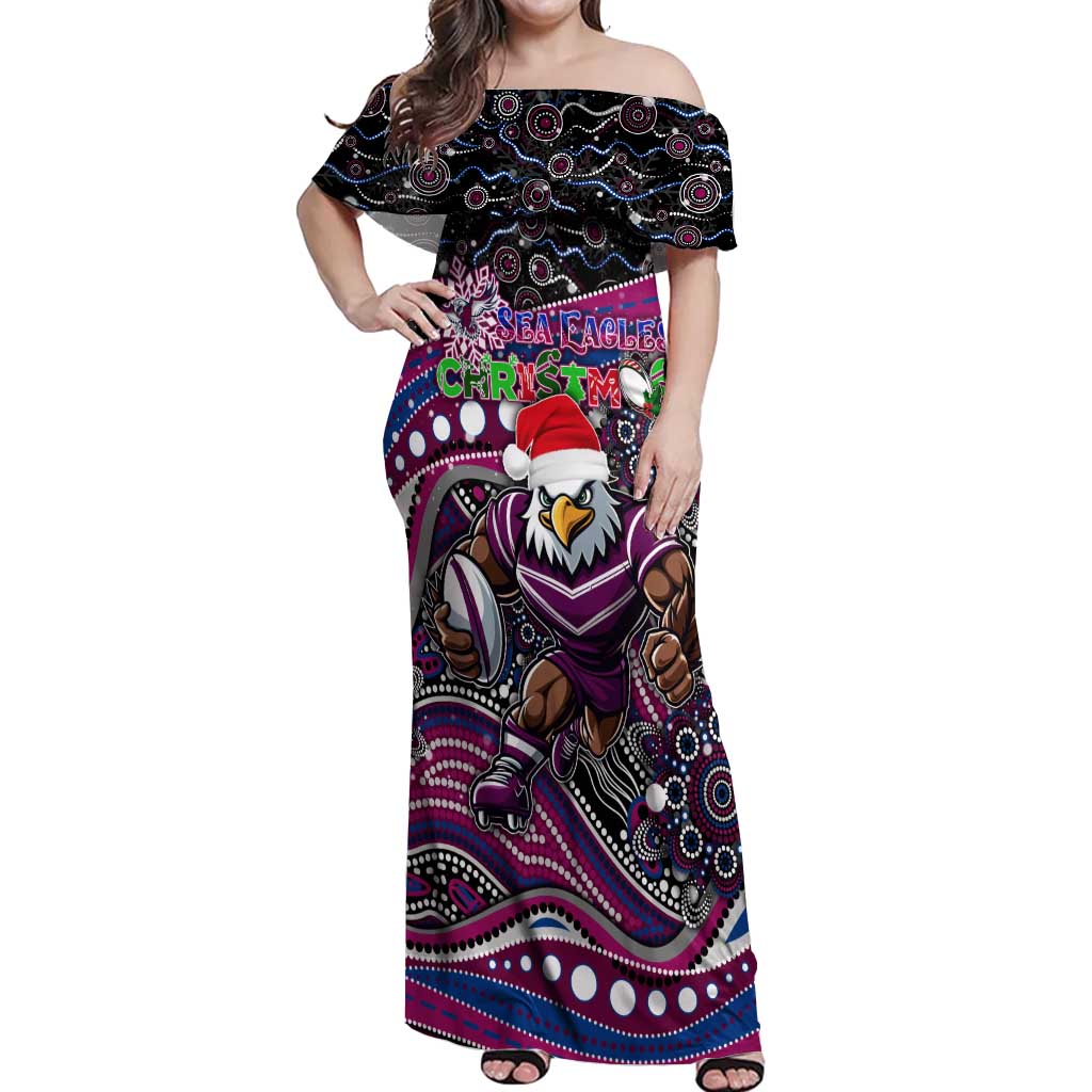 Merry Christmas Manly Warringah Sea Eagles Off Shoulder Maxi Dress Aboriginal Santa Rugby Mascot - Silvertails