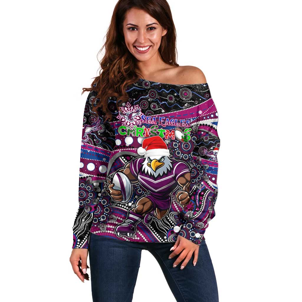 Merry Christmas Manly Warringah Sea Eagles Off Shoulder Sweater Aboriginal Santa Rugby Mascot - Silvertails