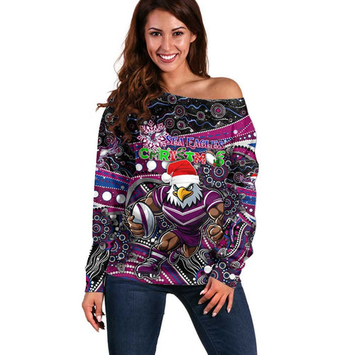 Merry Christmas Manly Warringah Sea Eagles Off Shoulder Sweater Aboriginal Santa Rugby Mascot - Silvertails