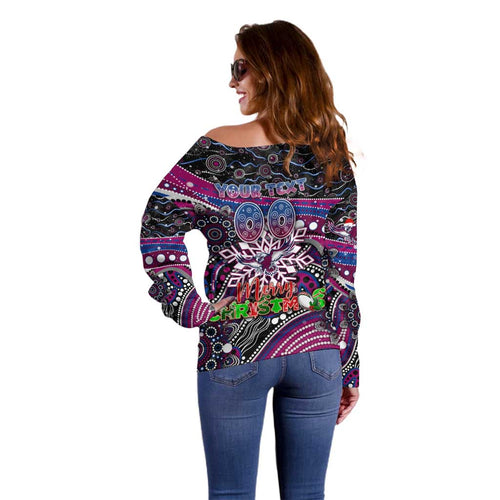 Merry Christmas Manly Warringah Sea Eagles Off Shoulder Sweater Aboriginal Santa Rugby Mascot - Silvertails