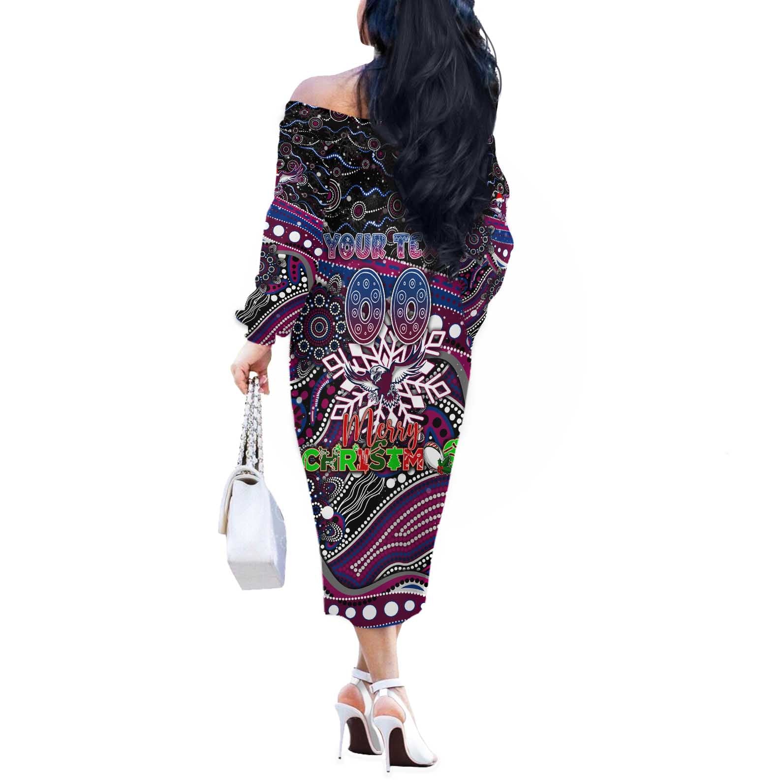 Merry Christmas Manly Warringah Sea Eagles Off The Shoulder Long Sleeve Dress Aboriginal Santa Rugby Mascot - Silvertails