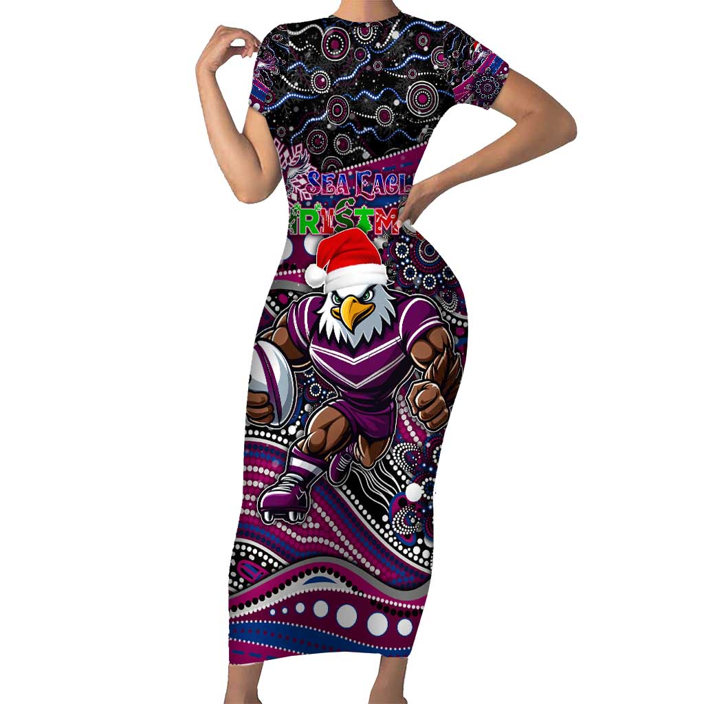 Merry Christmas Manly Warringah Sea Eagles Short Sleeve Bodycon Dress Aboriginal Santa Rugby Mascot - Silvertails