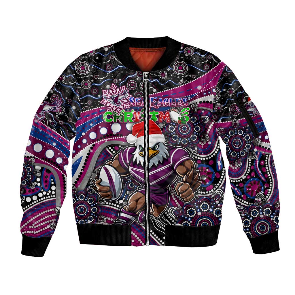 Merry Christmas Manly Warringah Sea Eagles Sleeve Zip Bomber Jacket Aboriginal Santa Rugby Mascot - Silvertails