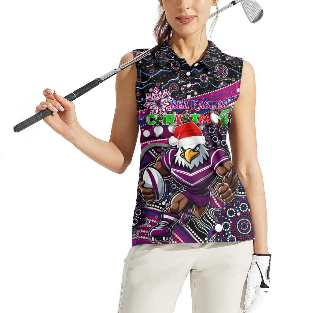 Merry Christmas Manly Warringah Sea Eagles Women Sleeveless Polo Shirt Aboriginal Santa Rugby Mascot - Silvertails