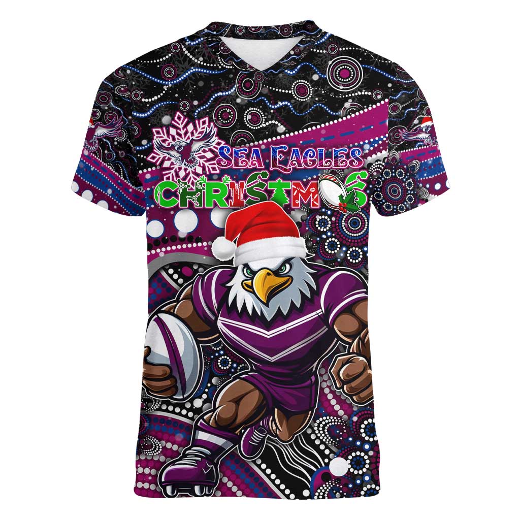 Merry Christmas Manly Warringah Sea Eagles Women V-Neck T-Shirt Aboriginal Santa Rugby Mascot - Silvertails