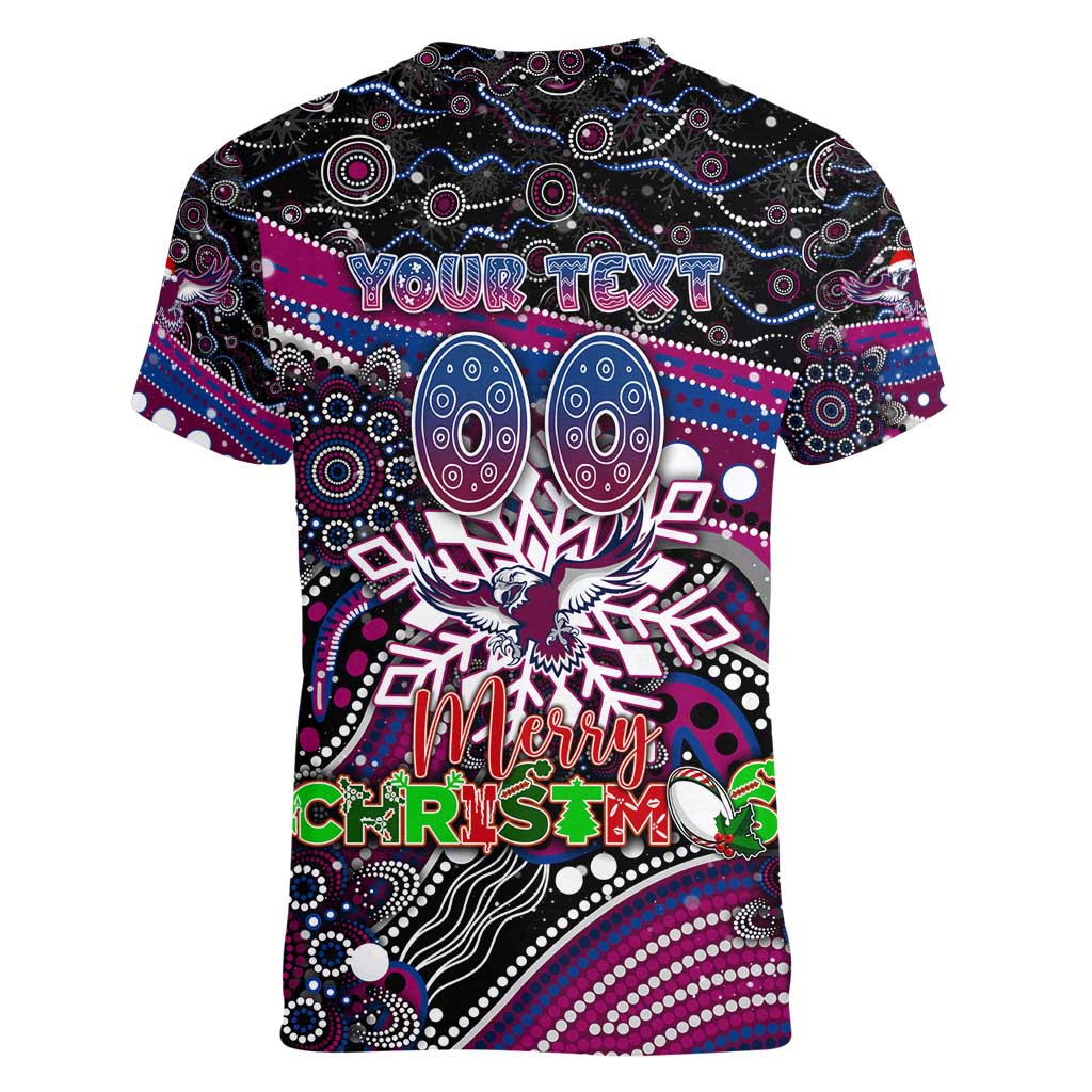 Merry Christmas Manly Warringah Sea Eagles Women V-Neck T-Shirt Aboriginal Santa Rugby Mascot - Silvertails