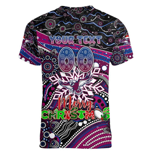 Merry Christmas Manly Warringah Sea Eagles Women V-Neck T-Shirt Aboriginal Santa Rugby Mascot - Silvertails