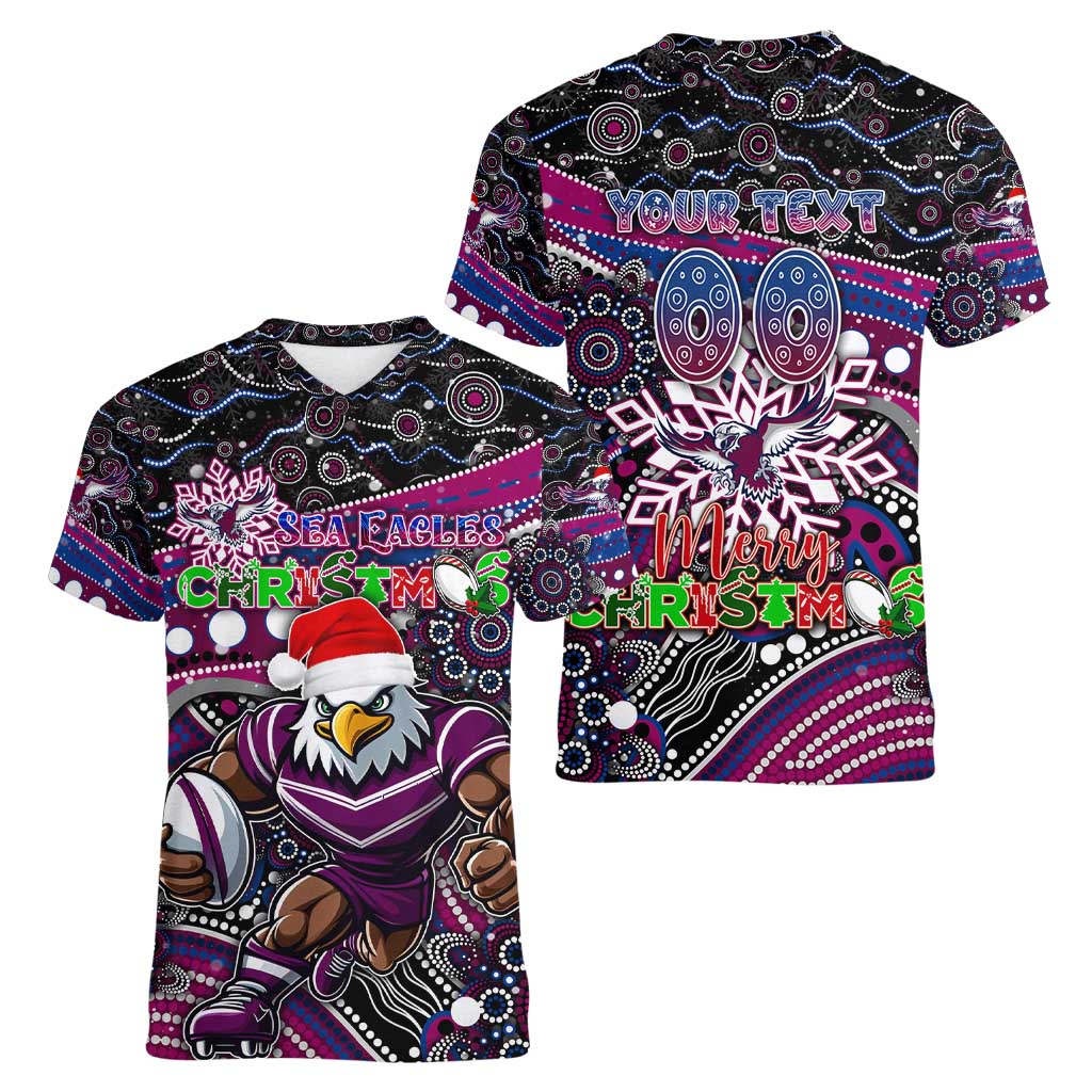 Merry Christmas Manly Warringah Sea Eagles Women V-Neck T-Shirt Aboriginal Santa Rugby Mascot - Silvertails