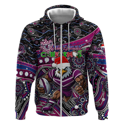 Merry Christmas Manly Warringah Sea Eagles Zip Hoodie Aboriginal Santa Rugby Mascot - Silvertails