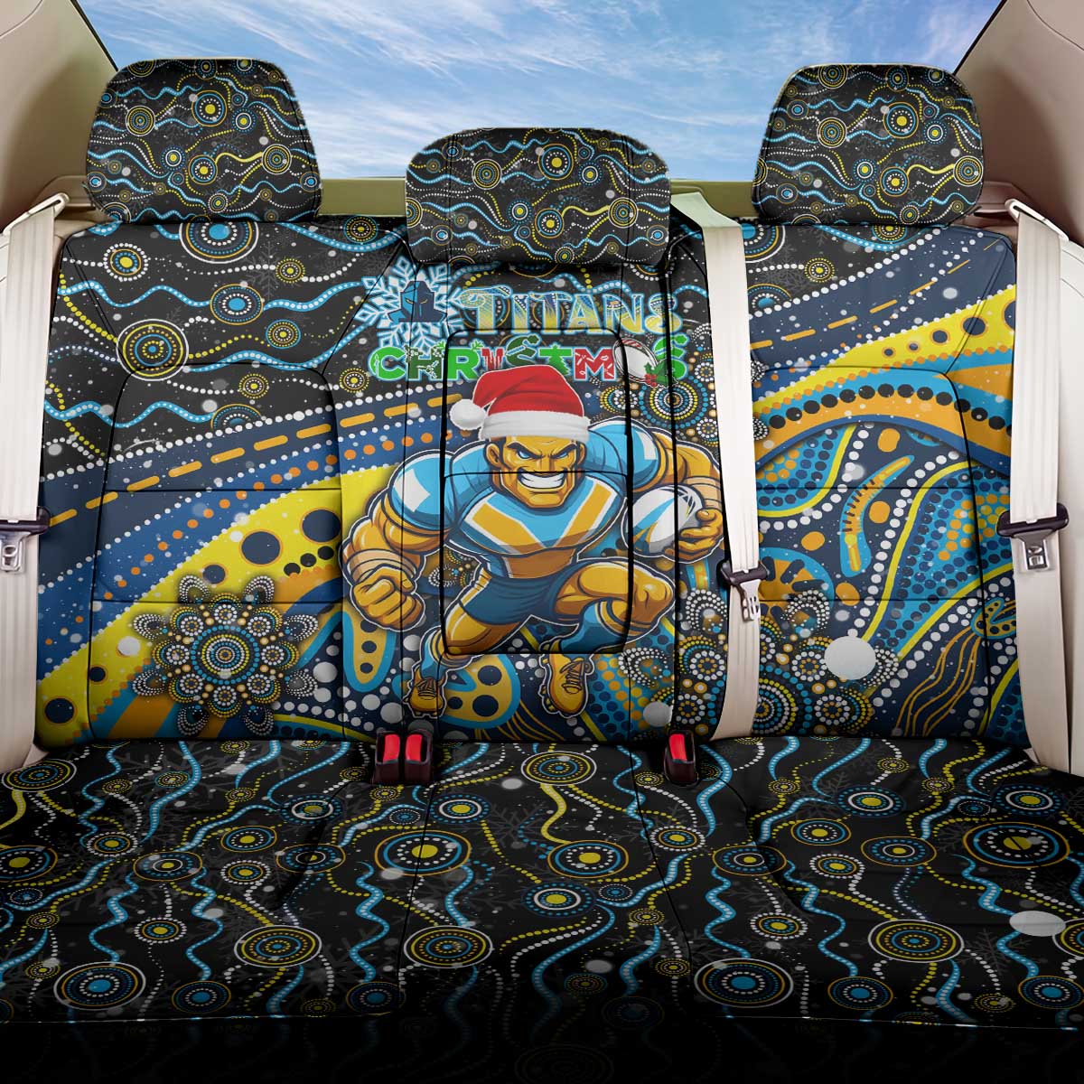 Merry Christmas Gold Coast Titans Back Car Seat Cover Aboriginal Santa Rugby Mascot - Light Blue