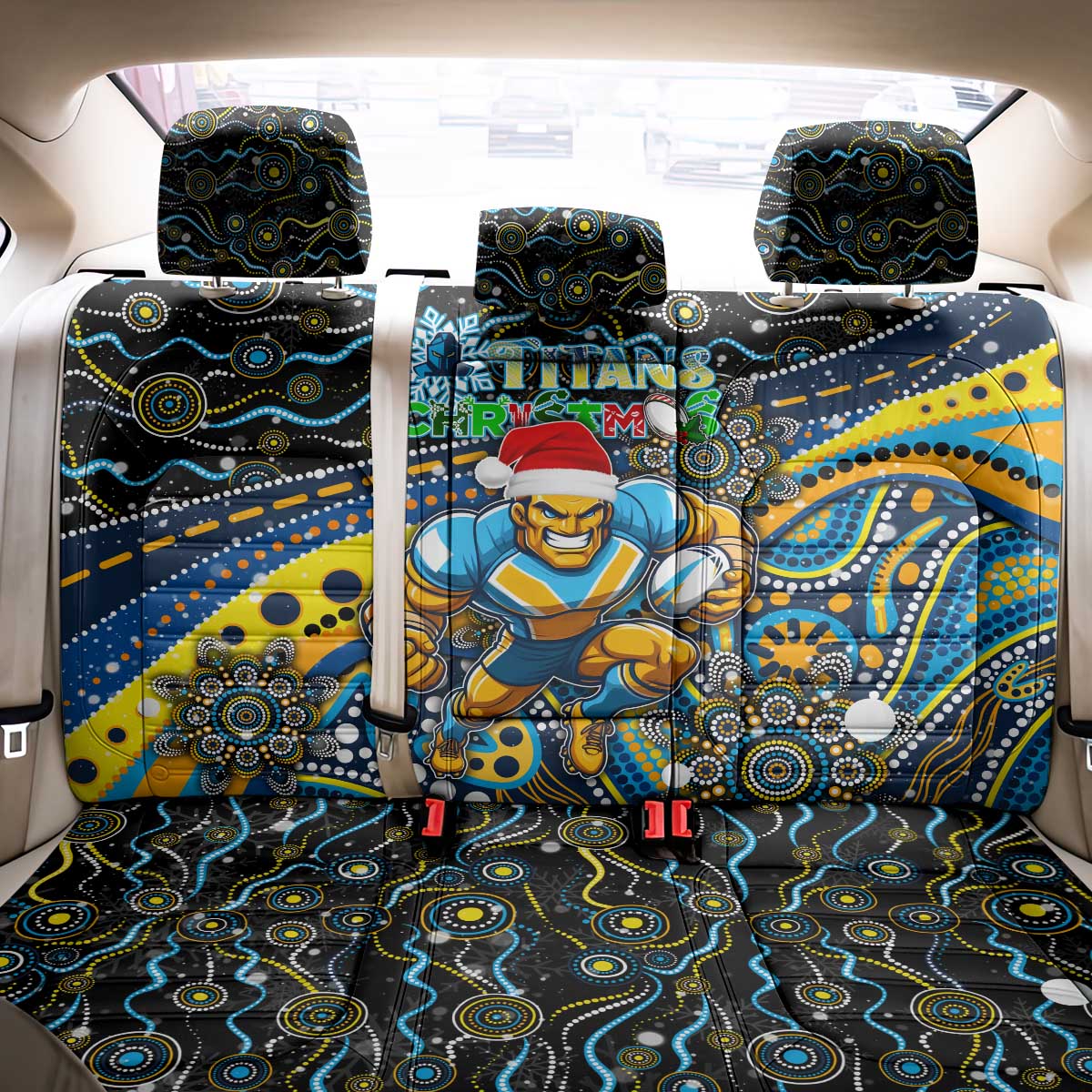 Merry Christmas Gold Coast Titans Back Car Seat Cover Aboriginal Santa Rugby Mascot - Light Blue