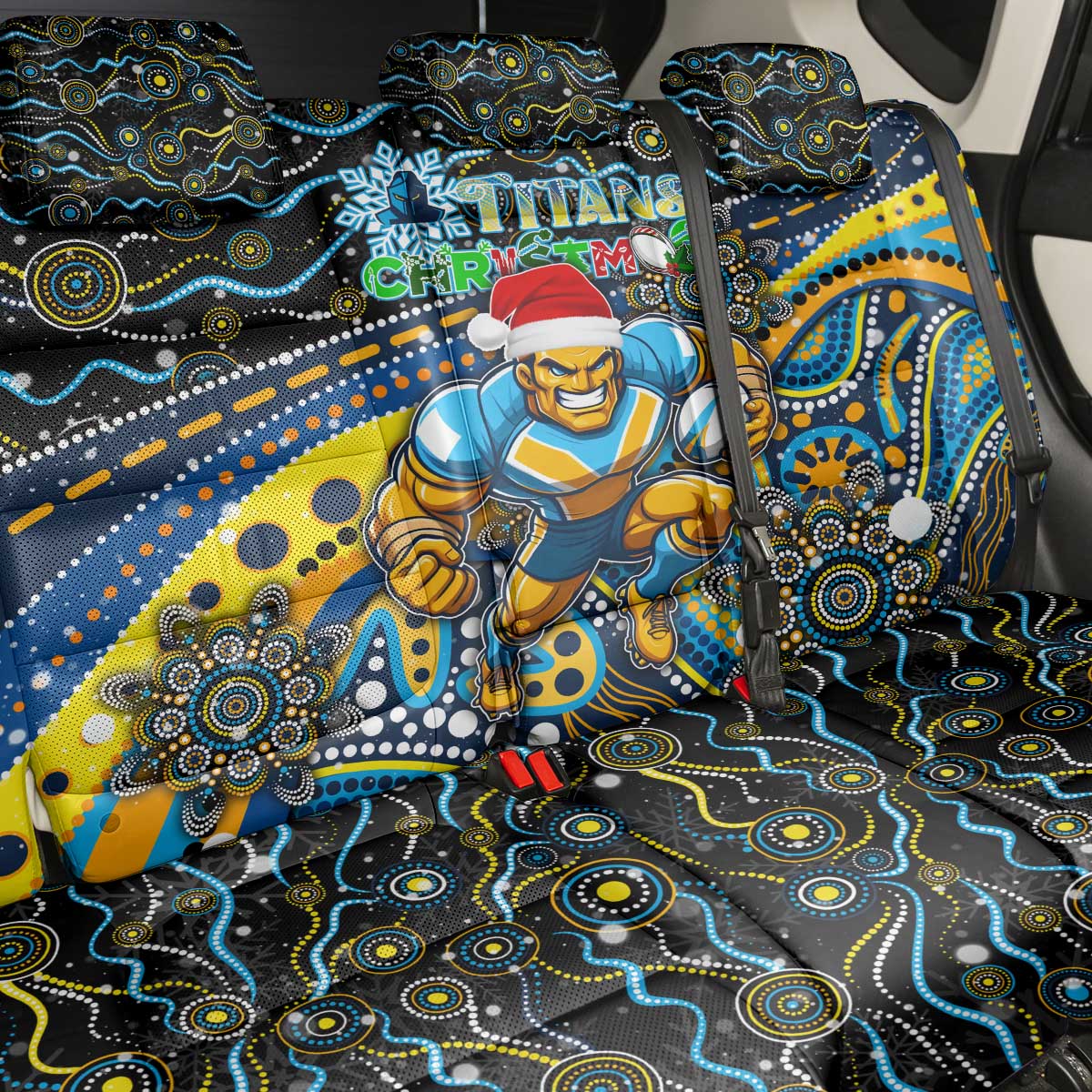 Merry Christmas Gold Coast Titans Back Car Seat Cover Aboriginal Santa Rugby Mascot - Light Blue