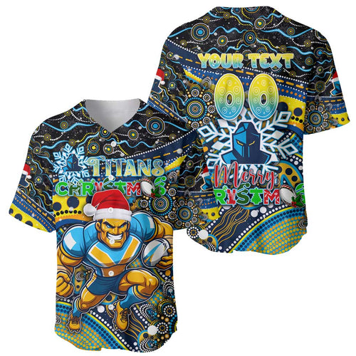 Merry Christmas Gold Coast Titans Baseball Jersey Aboriginal Santa Rugby Mascot - Light Blue