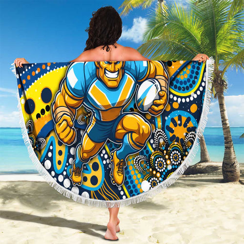 Merry Christmas Gold Coast Titans Beach Blanket Aboriginal Santa Rugby Mascot - Light Blue