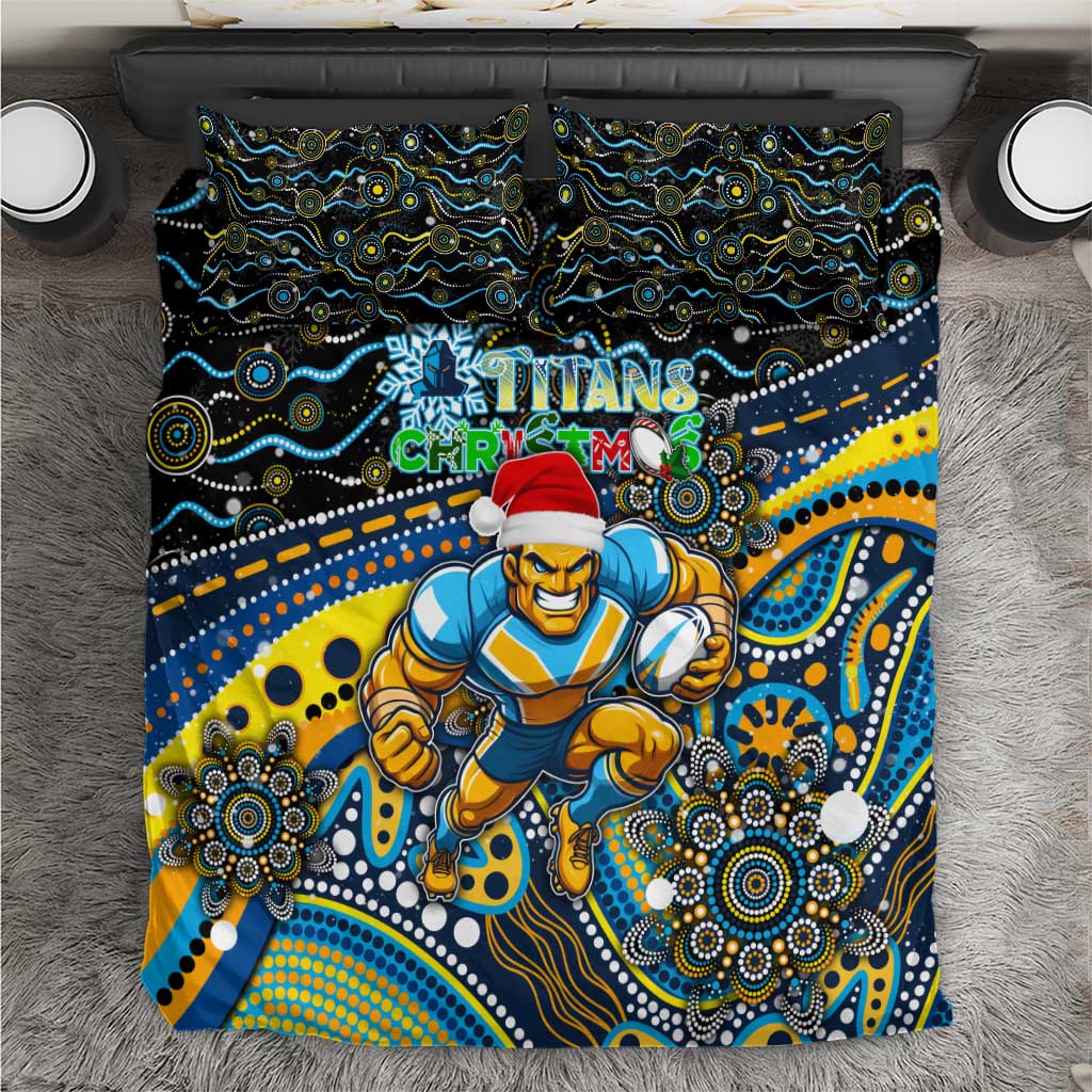 Merry Christmas Gold Coast Titans Bedding Set Aboriginal Santa Rugby Mascot - Light Blue