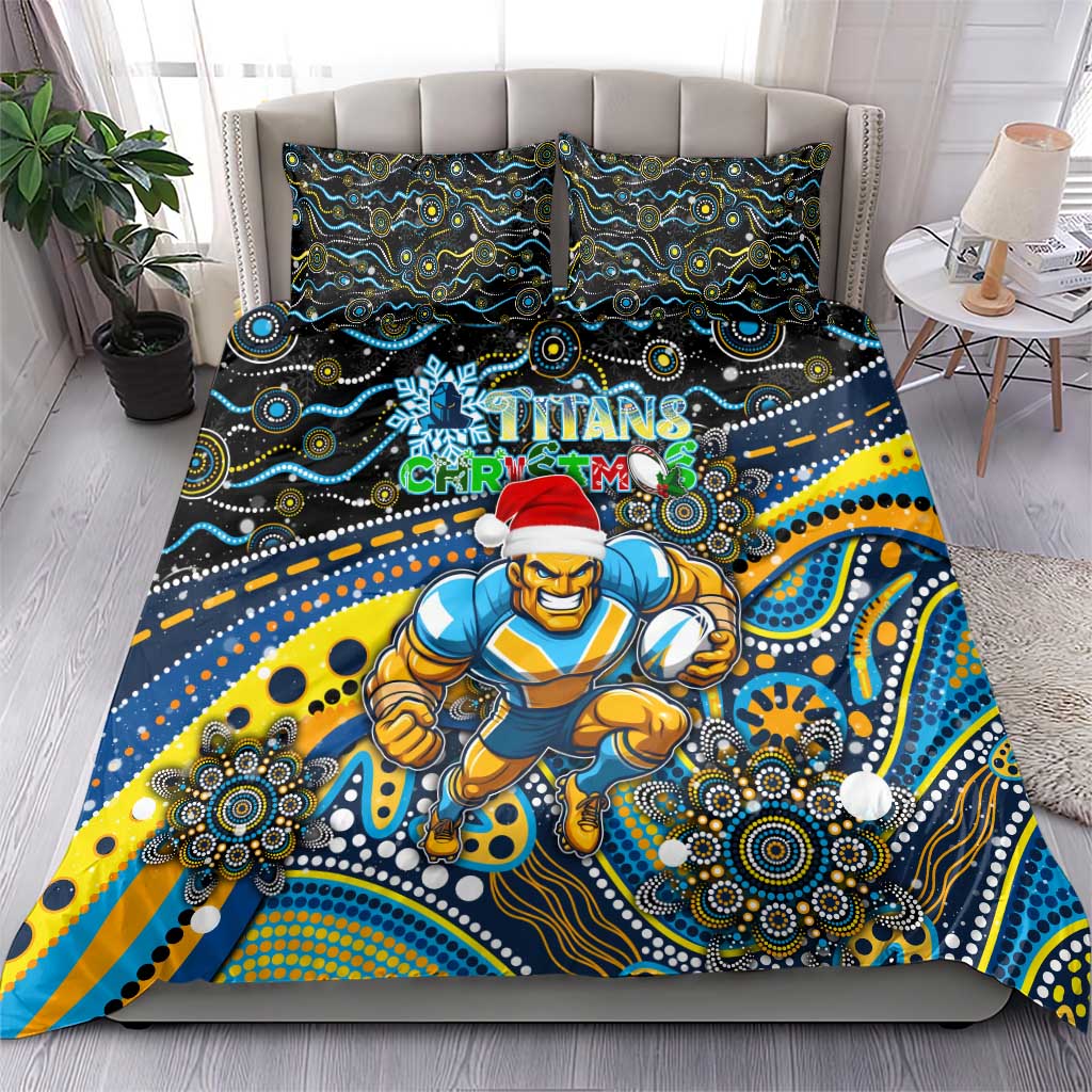 Merry Christmas Gold Coast Titans Bedding Set Aboriginal Santa Rugby Mascot - Light Blue