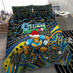 Merry Christmas Gold Coast Titans Bedding Set Aboriginal Santa Rugby Mascot - Light Blue