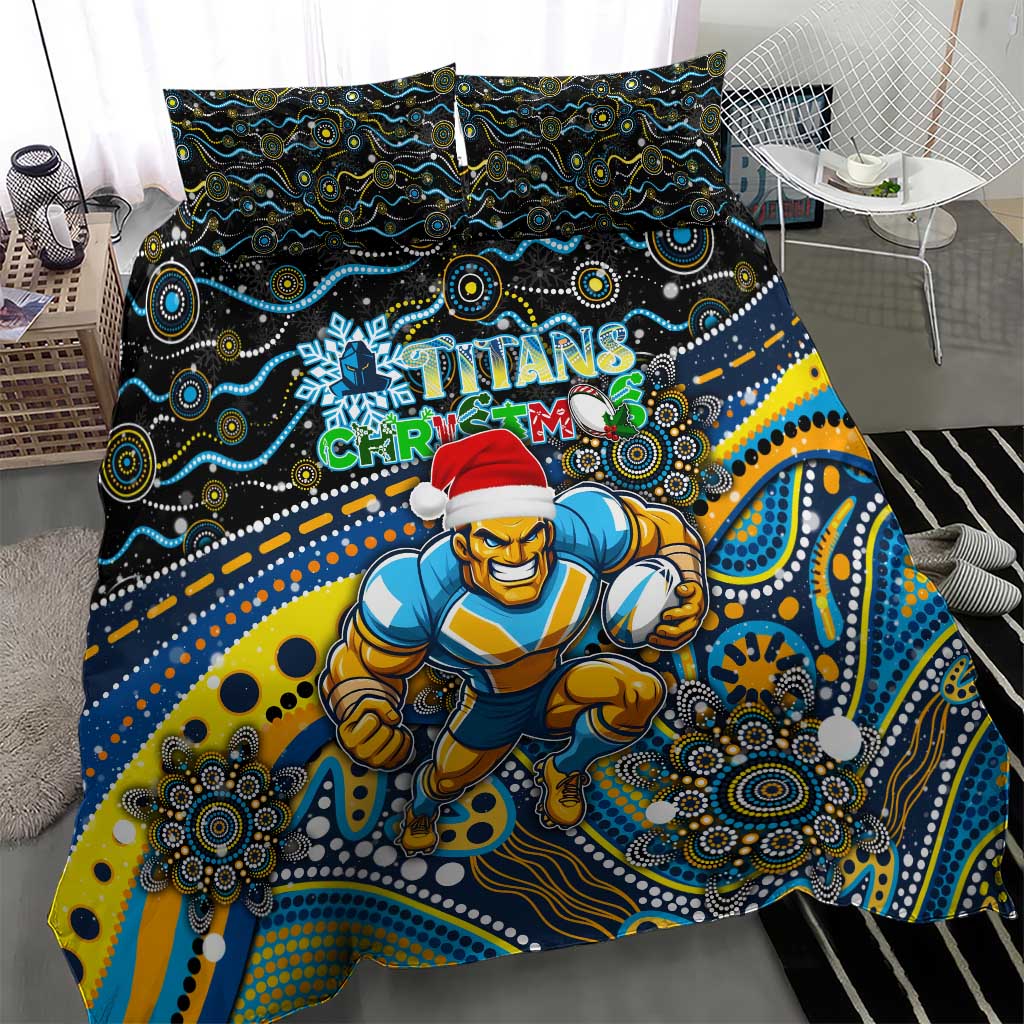Merry Christmas Gold Coast Titans Bedding Set Aboriginal Santa Rugby Mascot - Light Blue