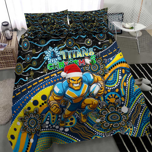 Merry Christmas Gold Coast Titans Bedding Set Aboriginal Santa Rugby Mascot - Light Blue