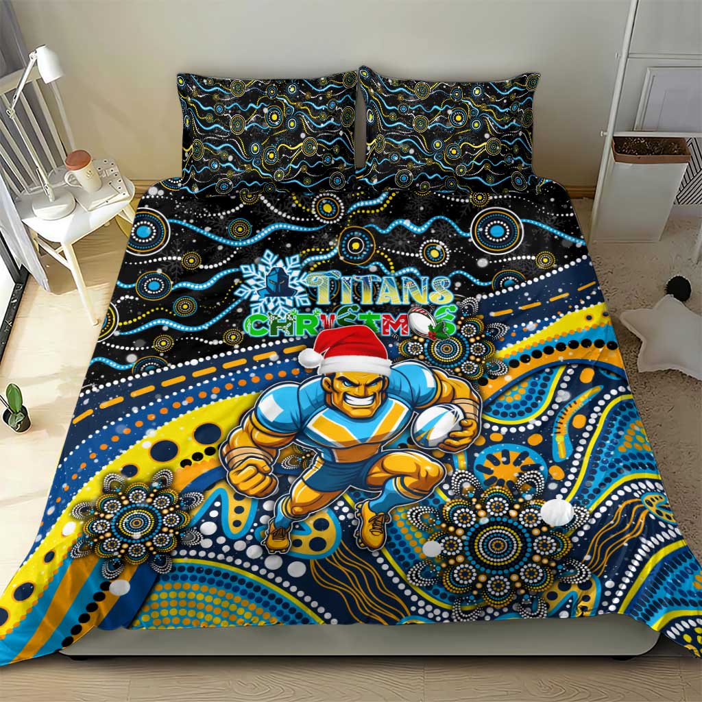 Merry Christmas Gold Coast Titans Bedding Set Aboriginal Santa Rugby Mascot - Light Blue