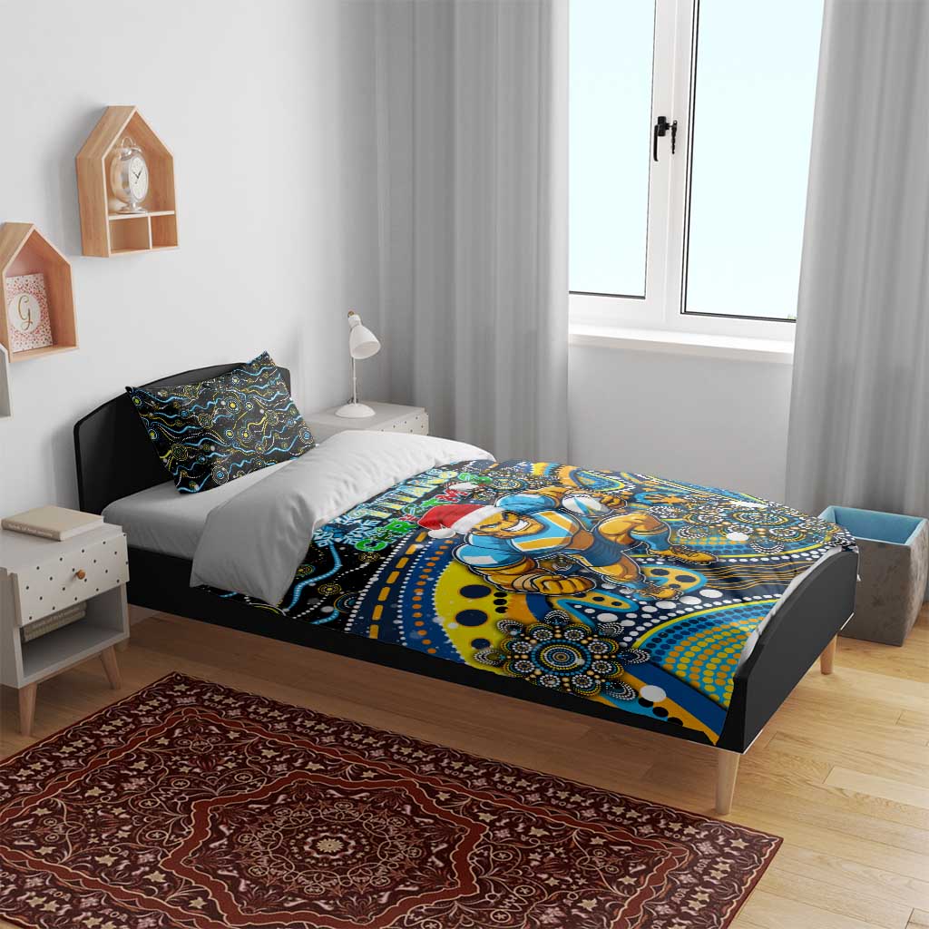 Merry Christmas Gold Coast Titans Bedding Set Aboriginal Santa Rugby Mascot - Light Blue