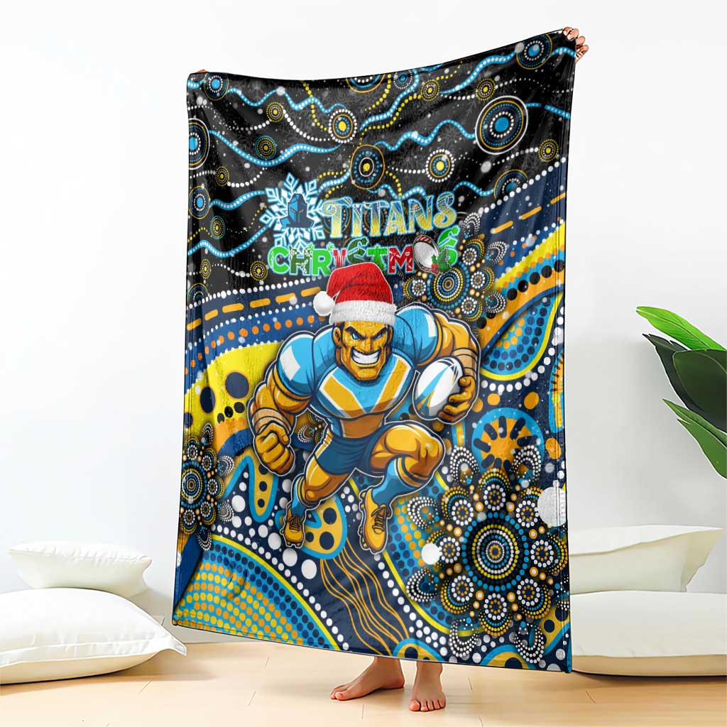 Merry Christmas Gold Coast Titans Blanket Aboriginal Santa Rugby Mascot - Light Blue