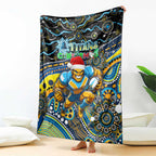 Merry Christmas Gold Coast Titans Blanket Aboriginal Santa Rugby Mascot - Light Blue