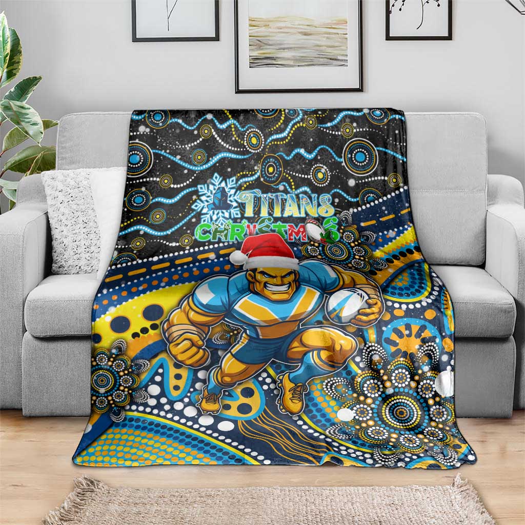 Merry Christmas Gold Coast Titans Blanket Aboriginal Santa Rugby Mascot - Light Blue