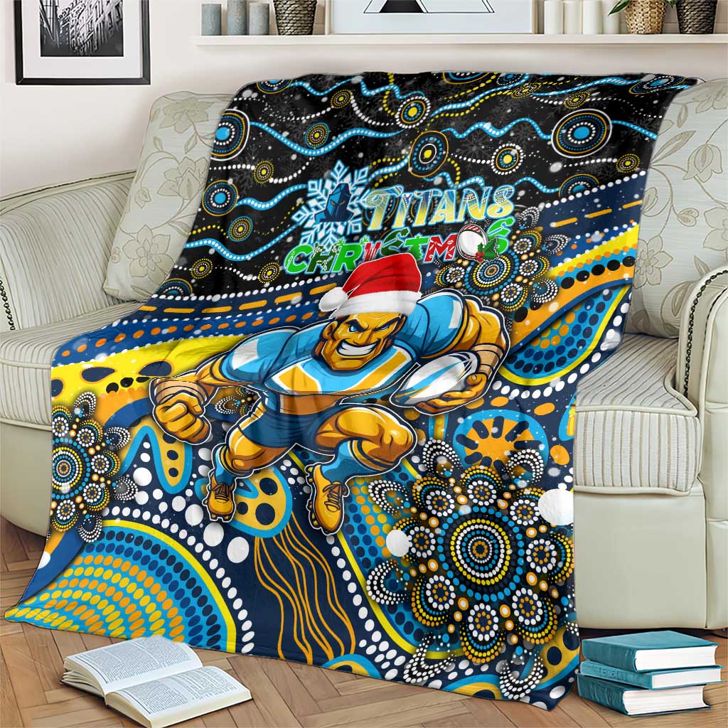 Merry Christmas Gold Coast Titans Blanket Aboriginal Santa Rugby Mascot - Light Blue