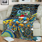 Merry Christmas Gold Coast Titans Blanket Aboriginal Santa Rugby Mascot - Light Blue