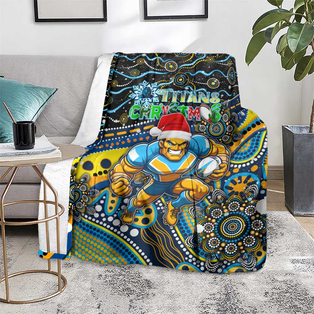 Merry Christmas Gold Coast Titans Blanket Aboriginal Santa Rugby Mascot - Light Blue
