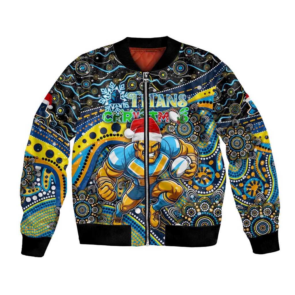 Merry Christmas Gold Coast Titans Bomber Jacket Aboriginal Santa Rugby Mascot - Light Blue