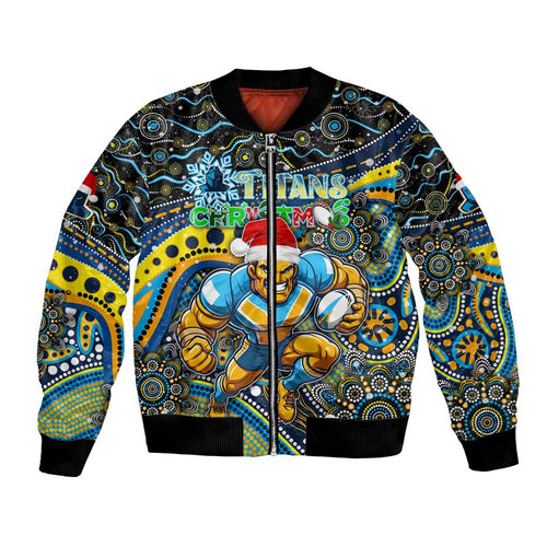 Merry Christmas Gold Coast Titans Bomber Jacket Aboriginal Santa Rugby Mascot - Light Blue