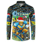 Merry Christmas Gold Coast Titans Button Sweatshirt Aboriginal Santa Rugby Mascot - Light Blue