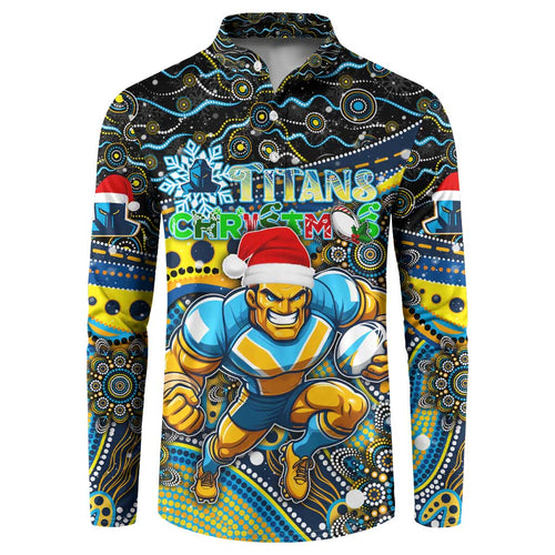 Merry Christmas Gold Coast Titans Button Sweatshirt Aboriginal Santa Rugby Mascot - Light Blue