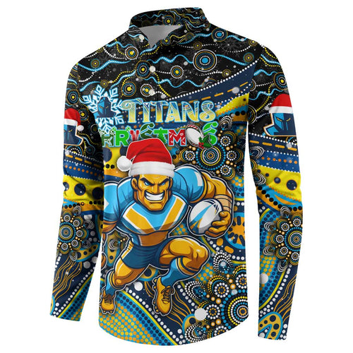 Merry Christmas Gold Coast Titans Button Sweatshirt Aboriginal Santa Rugby Mascot - Light Blue