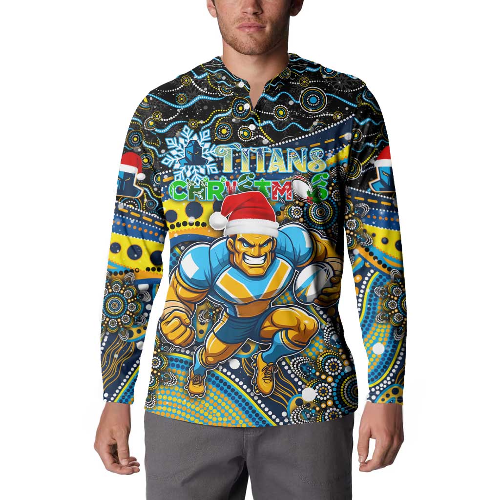 Merry Christmas Gold Coast Titans Button Sweatshirt Aboriginal Santa Rugby Mascot - Light Blue