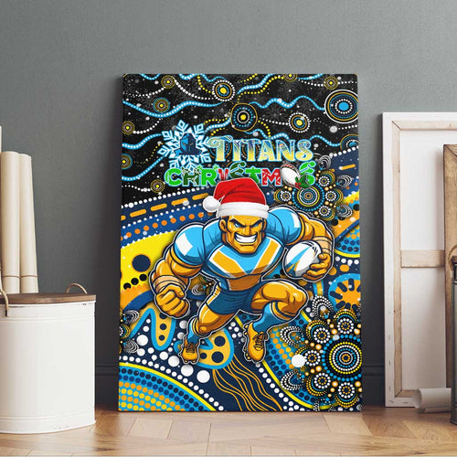 Merry Christmas Gold Coast Titans Canvas Wall Art Aboriginal Santa Rugby Mascot - Light Blue