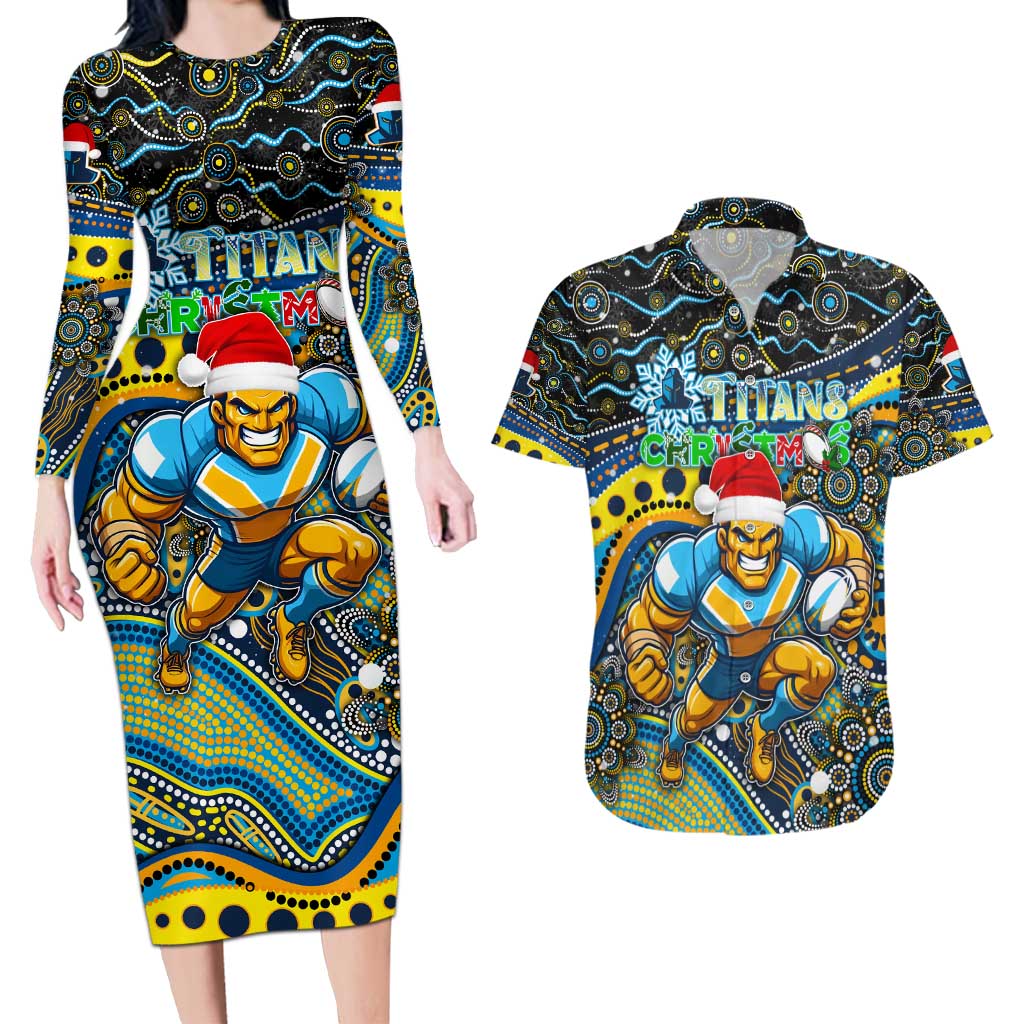 Merry Christmas Gold Coast Titans Couples Matching Long Sleeve Bodycon Dress and Hawaiian Shirt Aboriginal Santa Rugby Mascot - Light Blue