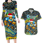 Merry Christmas Gold Coast Titans Couples Matching Long Sleeve Bodycon Dress and Hawaiian Shirt Aboriginal Santa Rugby Mascot - Light Blue