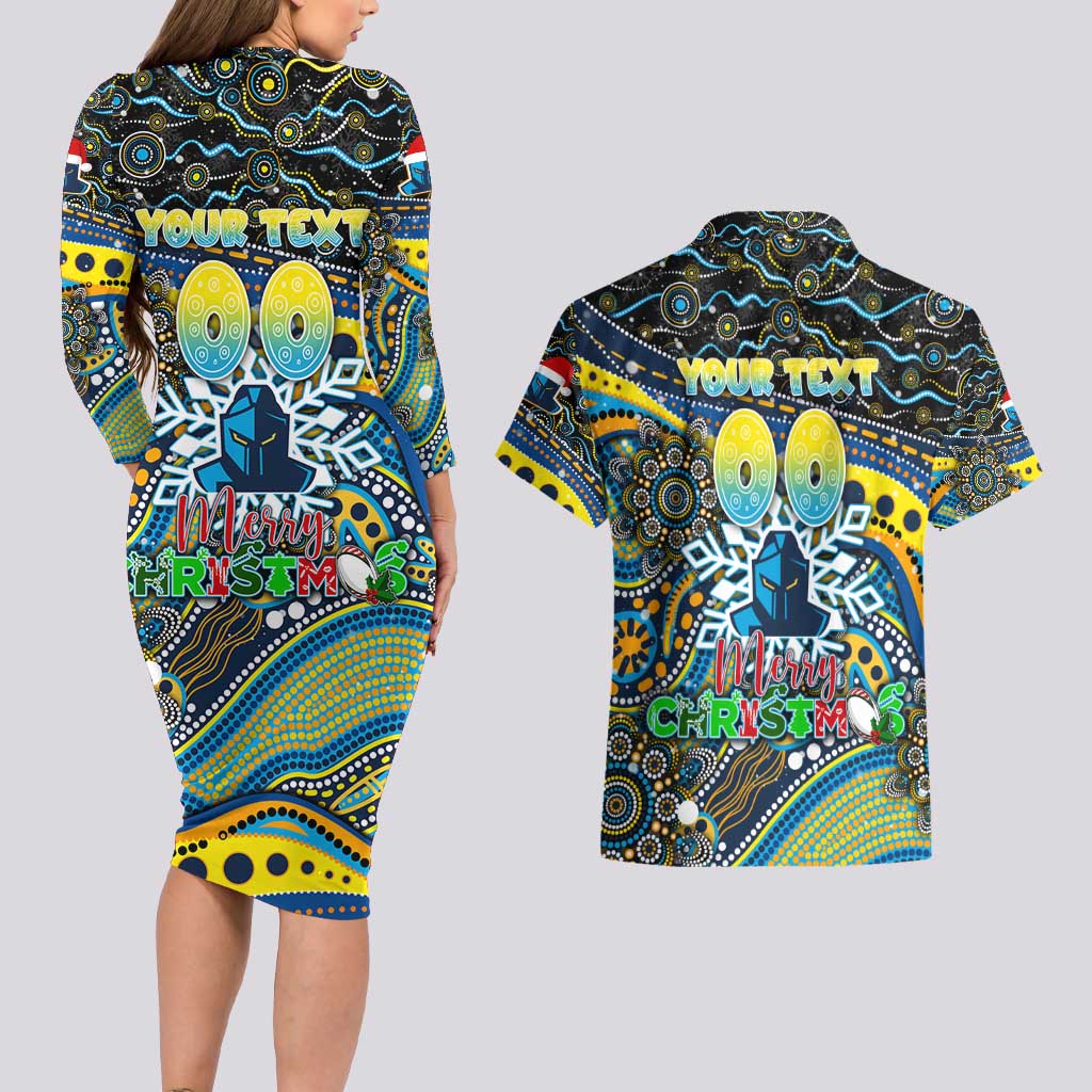Merry Christmas Gold Coast Titans Couples Matching Long Sleeve Bodycon Dress and Hawaiian Shirt Aboriginal Santa Rugby Mascot - Light Blue