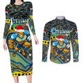 Merry Christmas Gold Coast Titans Couples Matching Long Sleeve Bodycon Dress and Long Sleeve Button Shirt Aboriginal Santa Rugby Mascot - Light Blue