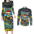 Merry Christmas Gold Coast Titans Couples Matching Long Sleeve Bodycon Dress and Long Sleeve Button Shirt Aboriginal Santa Rugby Mascot - Light Blue