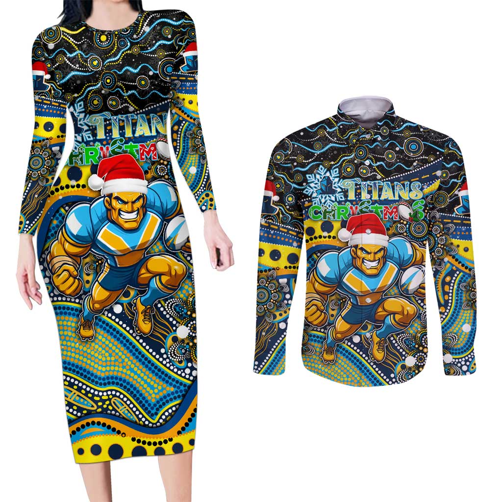 Merry Christmas Gold Coast Titans Couples Matching Long Sleeve Bodycon Dress and Long Sleeve Button Shirt Aboriginal Santa Rugby Mascot - Light Blue