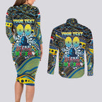 Merry Christmas Gold Coast Titans Couples Matching Long Sleeve Bodycon Dress and Long Sleeve Button Shirt Aboriginal Santa Rugby Mascot - Light Blue