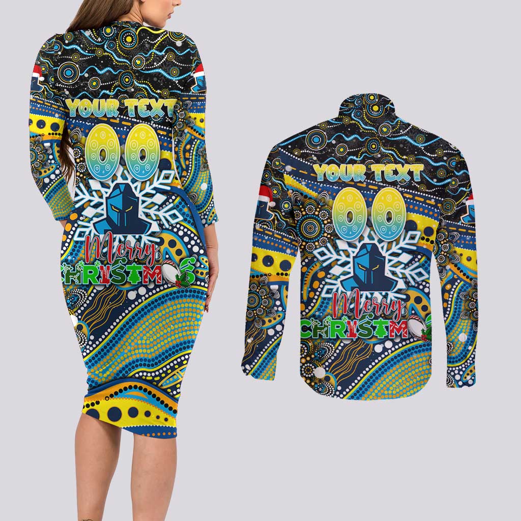 Merry Christmas Gold Coast Titans Couples Matching Long Sleeve Bodycon Dress and Long Sleeve Button Shirt Aboriginal Santa Rugby Mascot - Light Blue