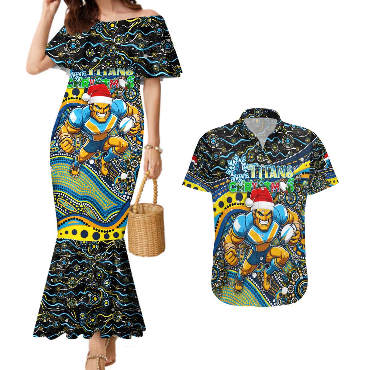Merry Christmas Gold Coast Titans Couples Matching Mermaid Dress and Hawaiian Shirt Aboriginal Santa Rugby Mascot - Light Blue