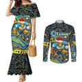 Merry Christmas Gold Coast Titans Couples Matching Mermaid Dress and Long Sleeve Button Shirt Aboriginal Santa Rugby Mascot - Light Blue