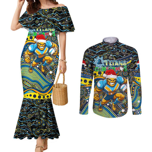 Merry Christmas Gold Coast Titans Couples Matching Mermaid Dress and Long Sleeve Button Shirt Aboriginal Santa Rugby Mascot - Light Blue
