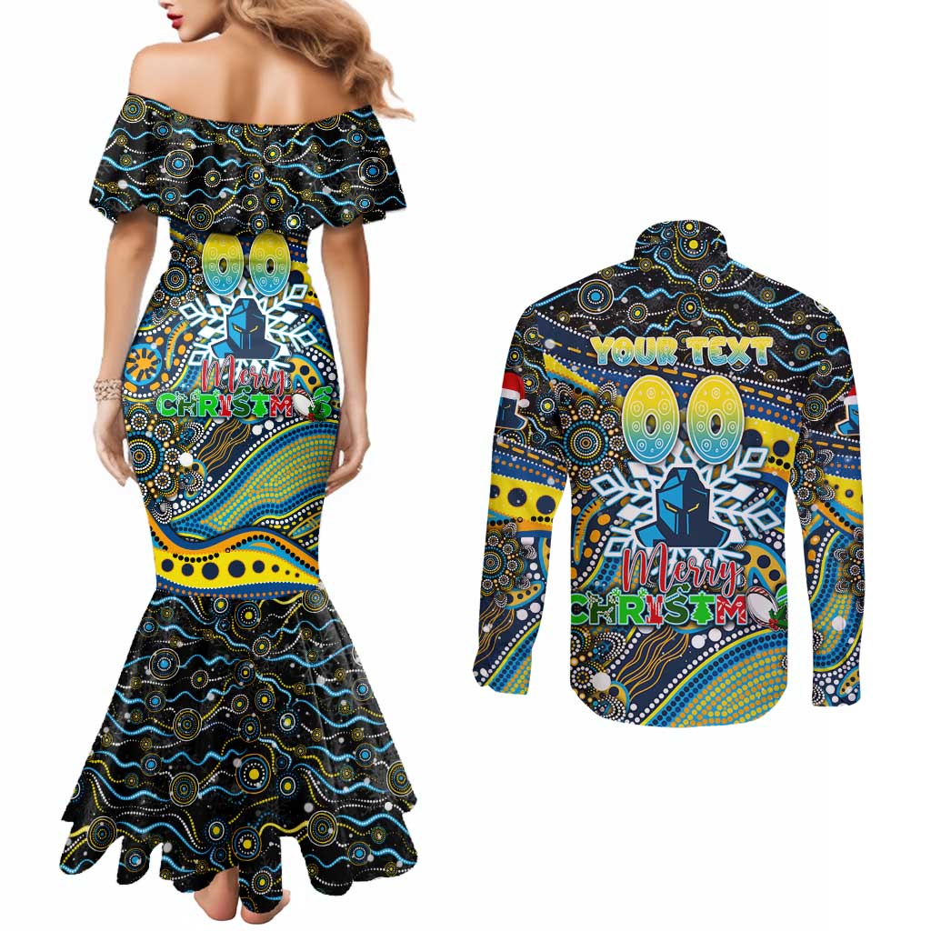 Merry Christmas Gold Coast Titans Couples Matching Mermaid Dress and Long Sleeve Button Shirt Aboriginal Santa Rugby Mascot - Light Blue